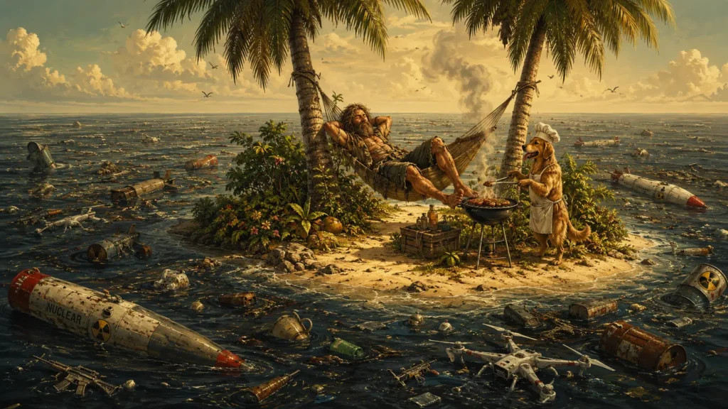 psicopatici al potere - Immagine di un Robinson Crusoe dei tempi moderni su un'isola in mezzo all'oceano col suo cane circondati da rifiuti di armamenti.